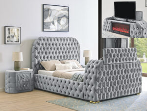 NATALIA BED W/FIREPLACE,TV LIFT GY KING