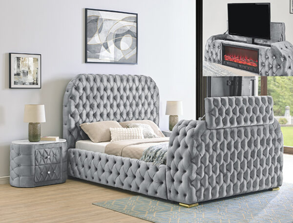 5115GY (1) NATALIA BED W/FIREPLACE,TV LIFT GY QUEEN